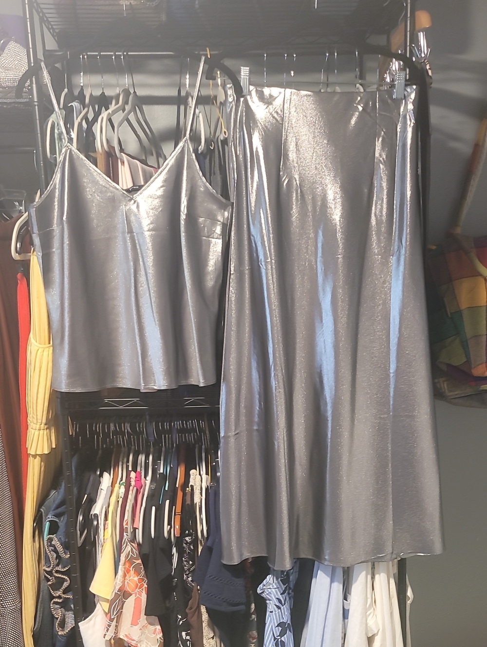 LOFT Metallic Silver Satin Maxi Skirt And Top